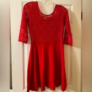Red 3/4 length sleeve lace skater dress